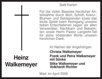 Traueranzeige von Heinz Walkemeyer von KREISZEITUNG SYKE