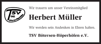 Traueranzeige von Herbert Müller von KREISZEITUNG SYKE