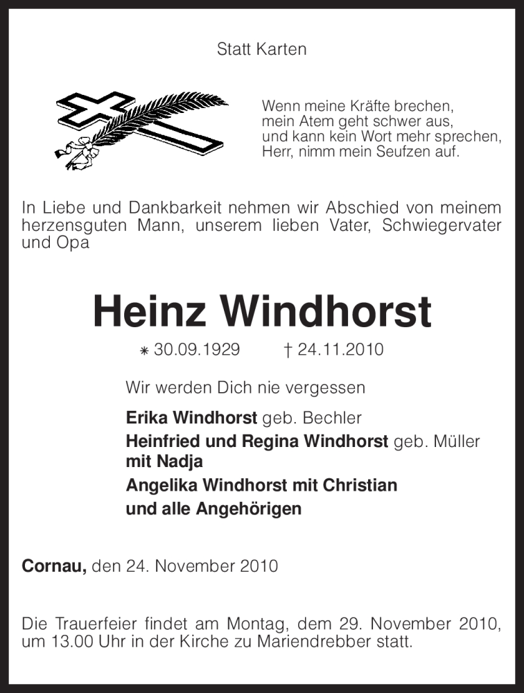  Traueranzeige für Heinz Windhorst vom 25.11.2010 aus KREISZEITUNG SYKE