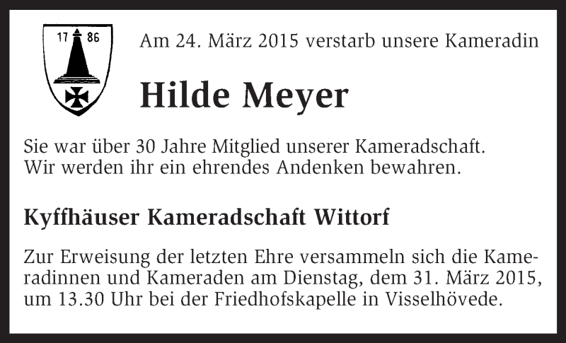  Traueranzeige für Hilde Meyer vom 27.03.2015 aus KRZ