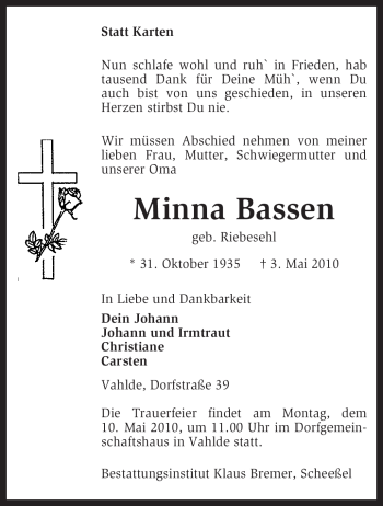 Traueranzeige von Minna Bassen von KREISZEITUNG SYKE