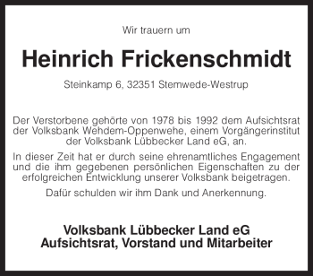 Traueranzeige von Heinrich Frickenschmidt von KREISZEITUNG SYKE