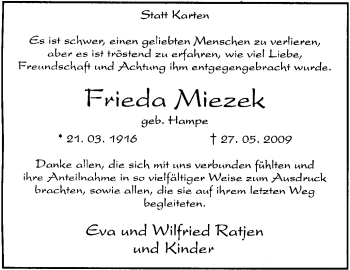 Traueranzeige von Frieda Miezek von KREISZEITUNG SYKE