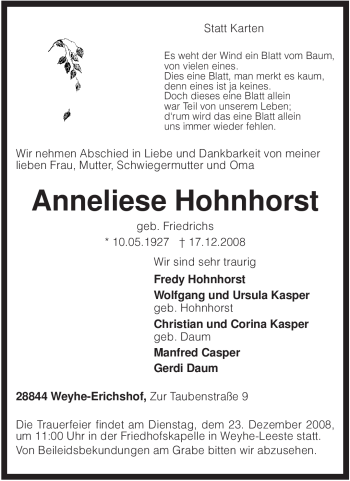 Traueranzeige von Anneliese Hohnhorst von KREISZEITUNG SYKE