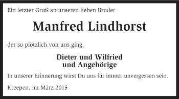 Traueranzeige von Manfred Lindhorst von KRZ