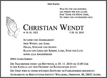 Traueranzeige von Christian Wendt von KREISZEITUNG SYKE