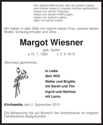 Traueranzeige von Margot Wiesner von KREISZEITUNG SYKE