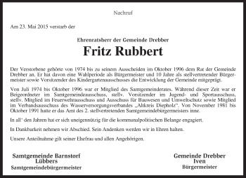 Traueranzeige von Fritz Rubbert von KRZ