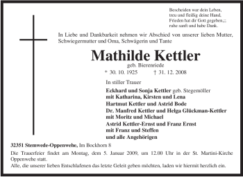 Traueranzeige von Mathilde Kettler von KREISZEITUNG SYKE