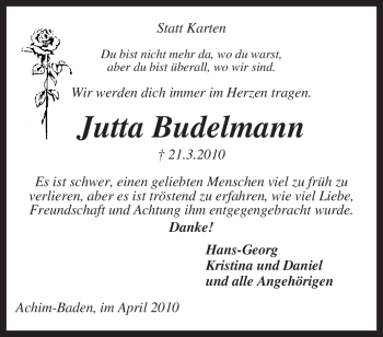 Traueranzeige von Jutta Budelmann von KREISZEITUNG SYKE