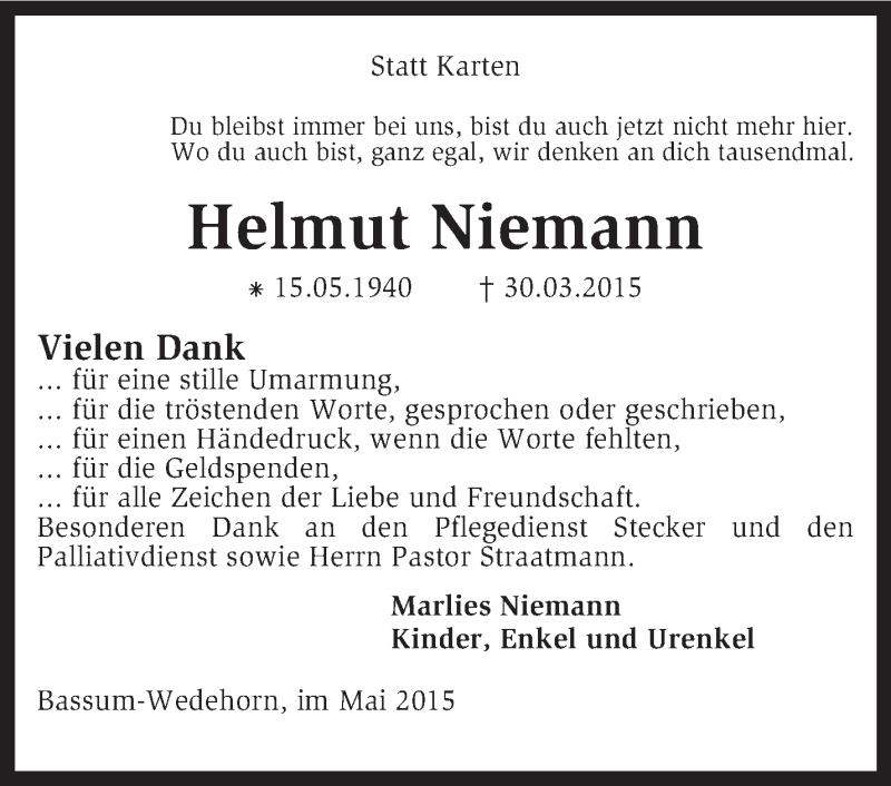  Traueranzeige für Helmut Niemann vom 30.05.2015 aus KRZ