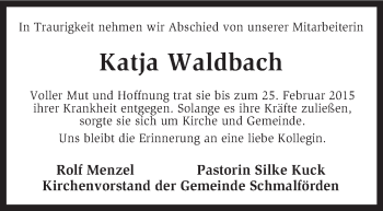Traueranzeige von Katja Waldbach von KRZ