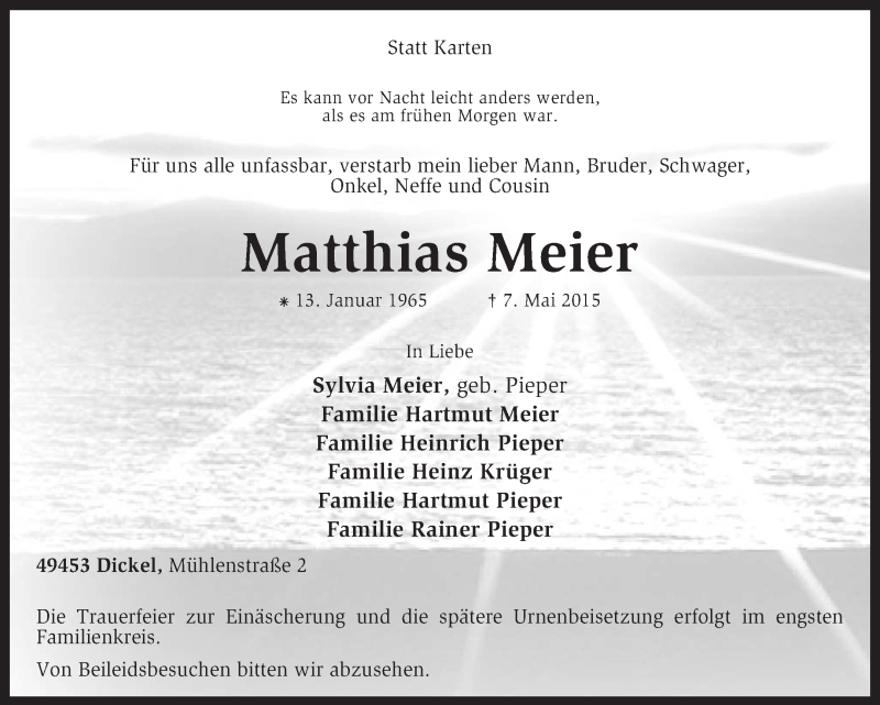  Traueranzeige für Matthias Meier vom 09.05.2015 aus KRZ