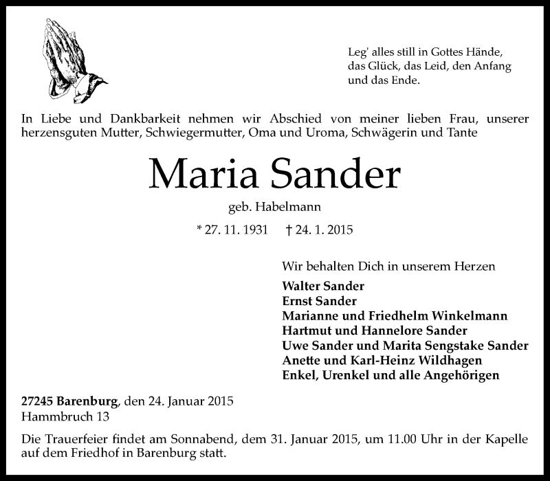 Traueranzeigen von Maria Sander | trauer.kreiszeitung.de