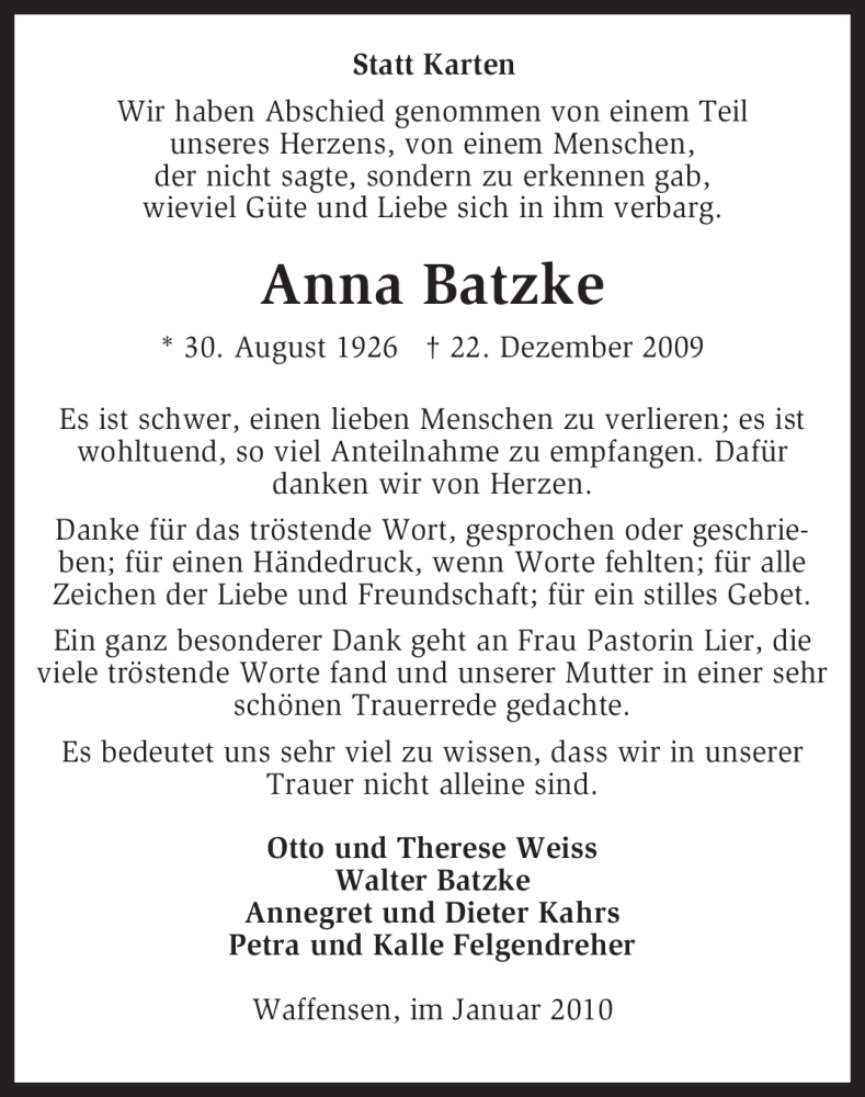  Traueranzeige für Anna Batzke vom 03.02.2010 aus KREISZEITUNG SYKE