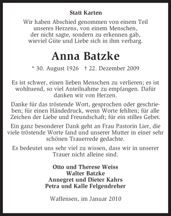 Traueranzeige von Anna Batzke von KREISZEITUNG SYKE