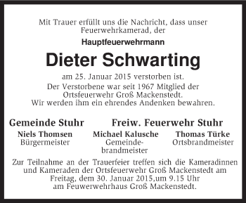 Traueranzeige von Dieter Schwarting von KRZ