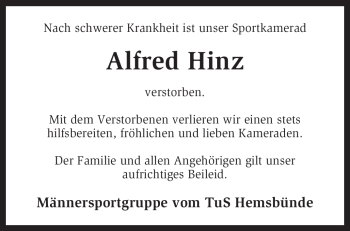 Traueranzeige von Alfred Hinz von KREISZEITUNG SYKE