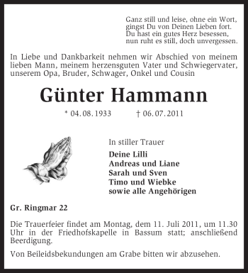 Traueranzeige von Günter Hammann von KREISZEITUNG SYKE