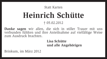 Traueranzeige von Heinrich Schütte von KREISZEITUNG SYKE