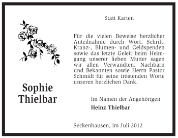 Traueranzeige von Sophie Thielbar von KREISZEITUNG SYKE