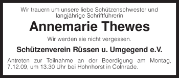 Traueranzeige von Annemarie Thewes von KREISZEITUNG SYKE