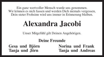 Traueranzeige von Alexandra Jacobi von KREISZEITUNG SYKE