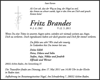 Traueranzeige von Fritz Brandes von KREISZEITUNG SYKE