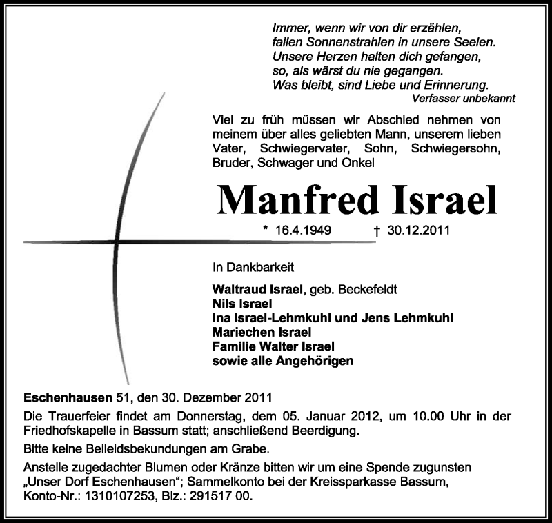  Traueranzeige für Manfred Israel vom 02.01.2012 aus KREISZEITUNG SYKE