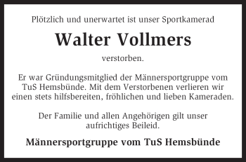 Traueranzeige von Walter Vollmers von KREISZEITUNG SYKE