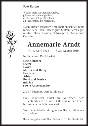 Traueranzeige von Annemarie Arndt von KREISZEITUNG SYKE