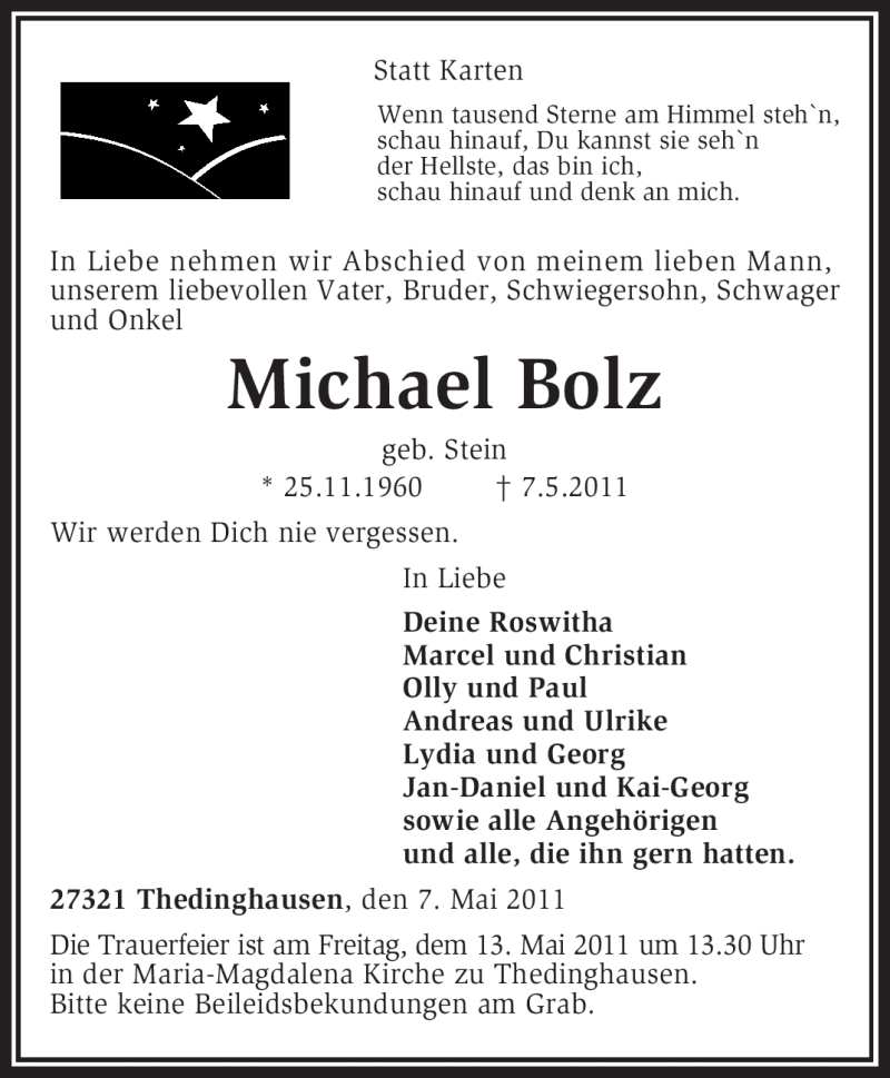  Traueranzeige für Michael Bolz vom 11.05.2011 aus KREISZEITUNG SYKE