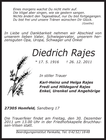 Traueranzeige von Diedrich Rajes von KREISZEITUNG SYKE