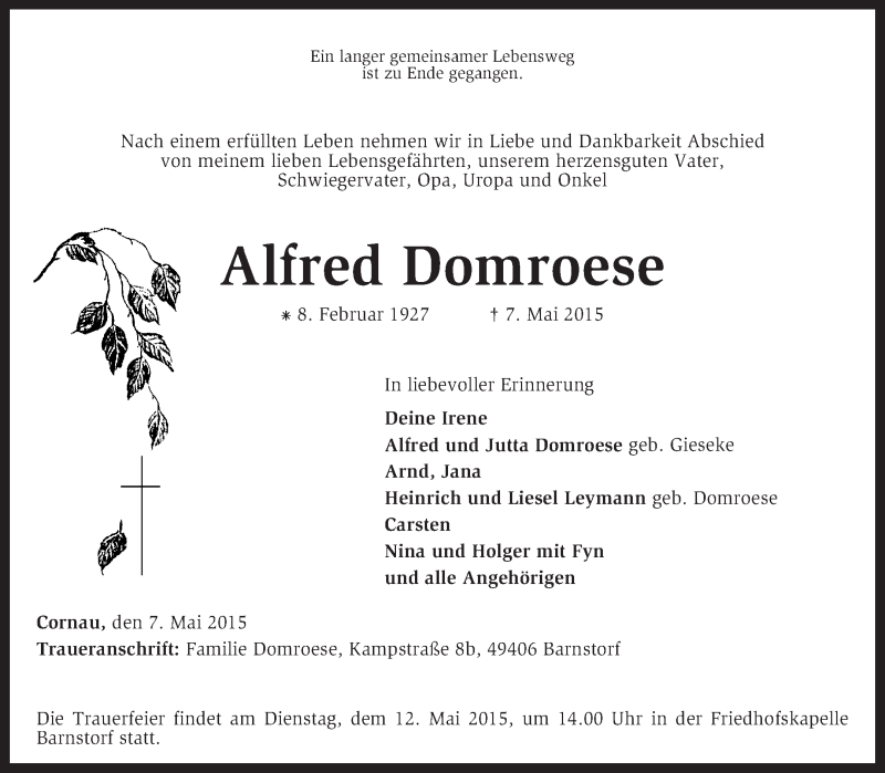  Traueranzeige für Alfred Domroese vom 09.05.2015 aus KRZ
