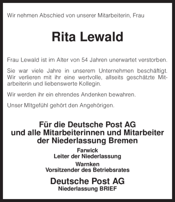 Traueranzeige von Rita Lewald von KREISZEITUNG SYKE