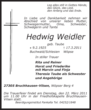 Traueranzeige von Hedwig Weidler von KREISZEITUNG SYKE