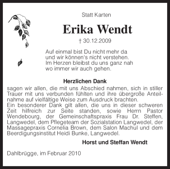 Traueranzeige von Erika Wendt von KREISZEITUNG SYKE