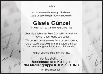 Traueranzeige von Gisela Günzel von KREISZEITUNG SYKE