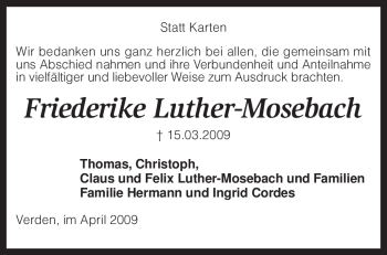 Traueranzeige von Friederike Luther-Mosebach von KREISZEITUNG SYKE