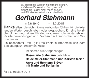 Traueranzeige von Gerhard Stahmann von KRZ