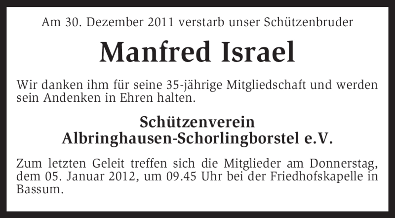  Traueranzeige für Manfred Israel vom 03.01.2012 aus KREISZEITUNG SYKE