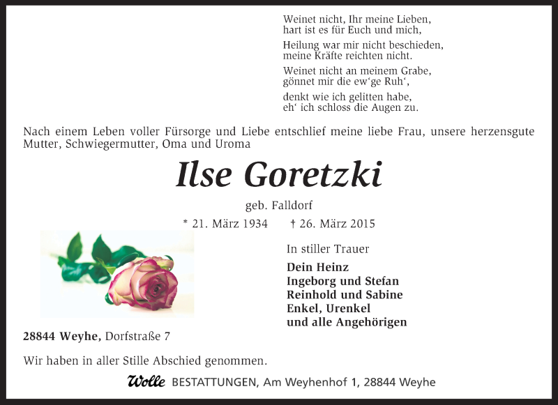  Traueranzeige für Ilse Goretzki vom 02.04.2015 aus KRZ