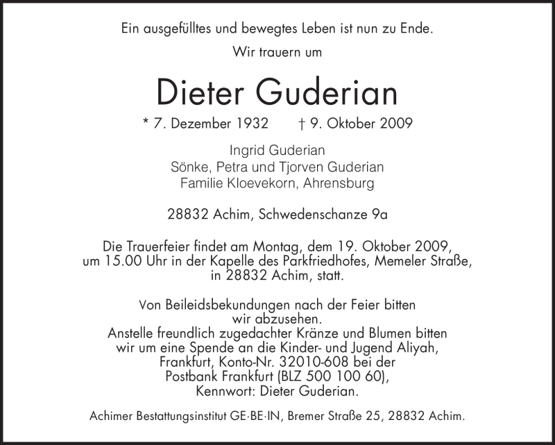  Traueranzeige für Dieter Guderian vom 14.10.2009 aus KREISZEITUNG SYKE