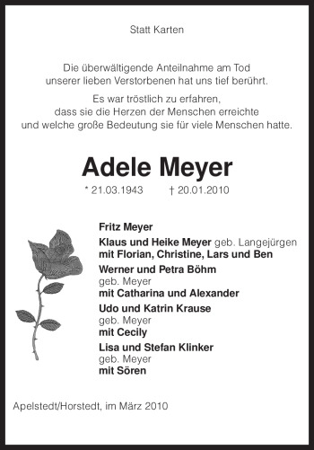 Traueranzeige von Adele Meyer von KREISZEITUNG SYKE