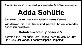 Traueranzeige von Adda Schütte von KREISZEITUNG SYKE