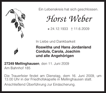 Traueranzeige von Horst Weber von KREISZEITUNG SYKE