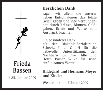 Traueranzeige von Frieda Bassen von KREISZEITUNG SYKE