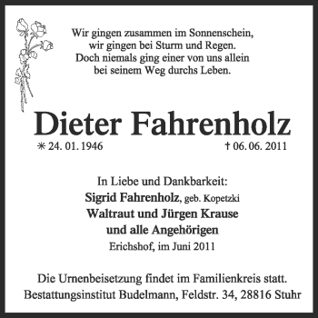 Traueranzeige von Dieter Fahrenholz von KREISZEITUNG SYKE