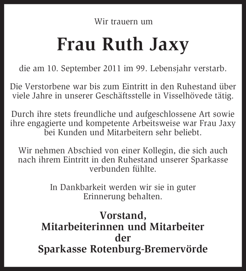  Traueranzeige für Ruth Jaxy vom 20.09.2011 aus KREISZEITUNG SYKE