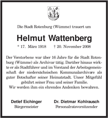 Traueranzeige von Helmut Wattenberg von KREISZEITUNG SYKE